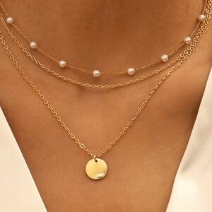 Anthropologie Minimalist Pearl Gold Pendant Layered Necklace coin BRAND new